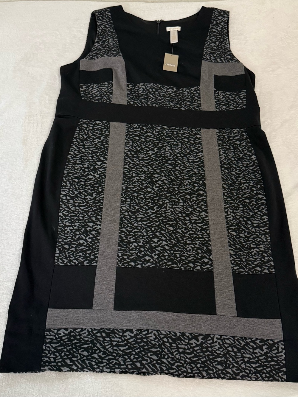 Chico’s Jessa Dress Size 3 NWT Pieced Jacquard Black Heather Gray Sleeveless